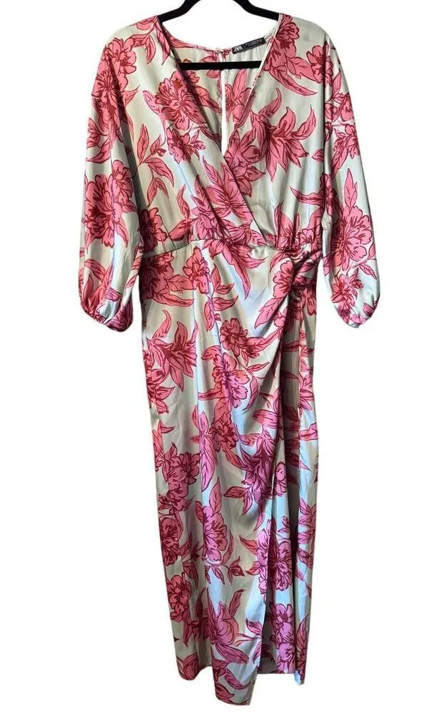 ZARA M Pink Floral Wrap Midi Dress Voluminous Sleeve Barbiecore wedding guest - Image 9