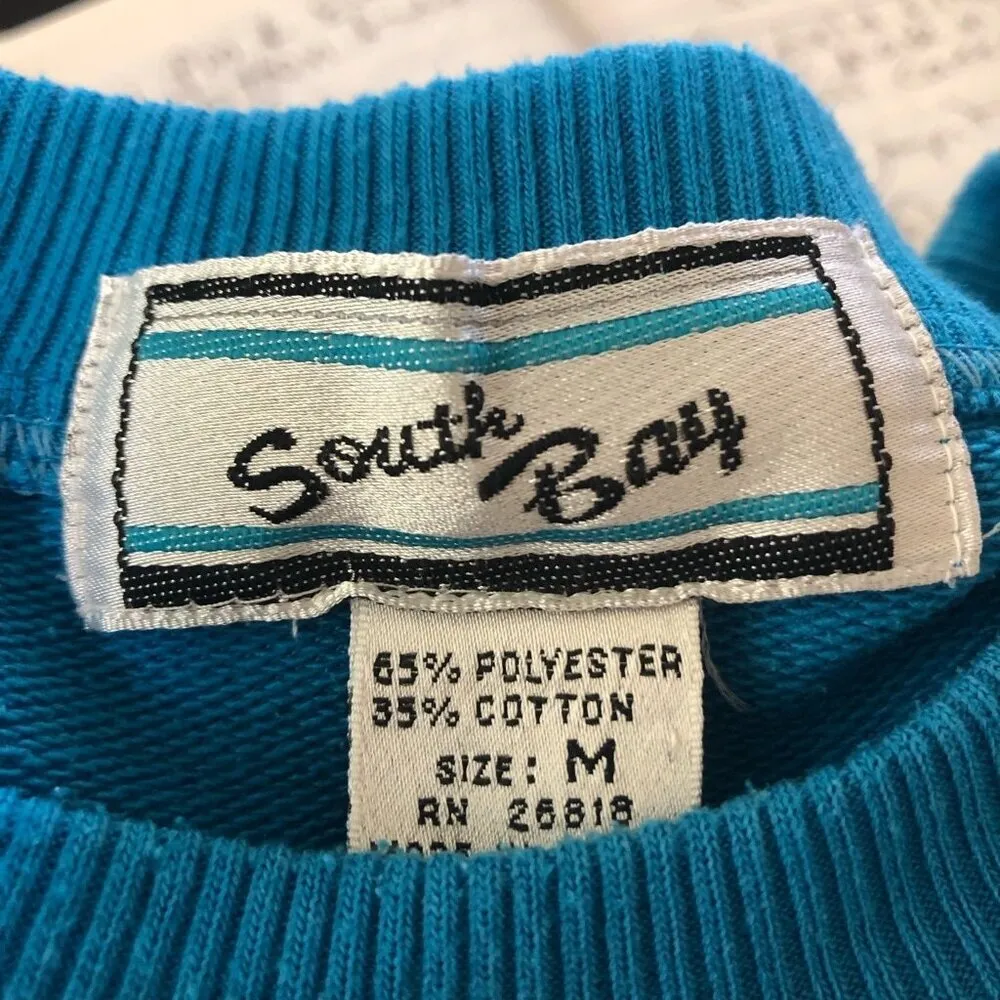 South Bay Sweatshirt Pullover Crewneck Cotton Waffle Knit Teal Large Blue Size M - Image 8