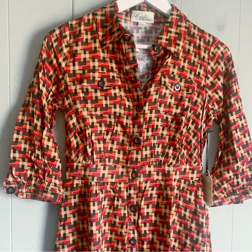 70s Vibe Geometric Babydoll Mini Shirt Dress Small - Image 4