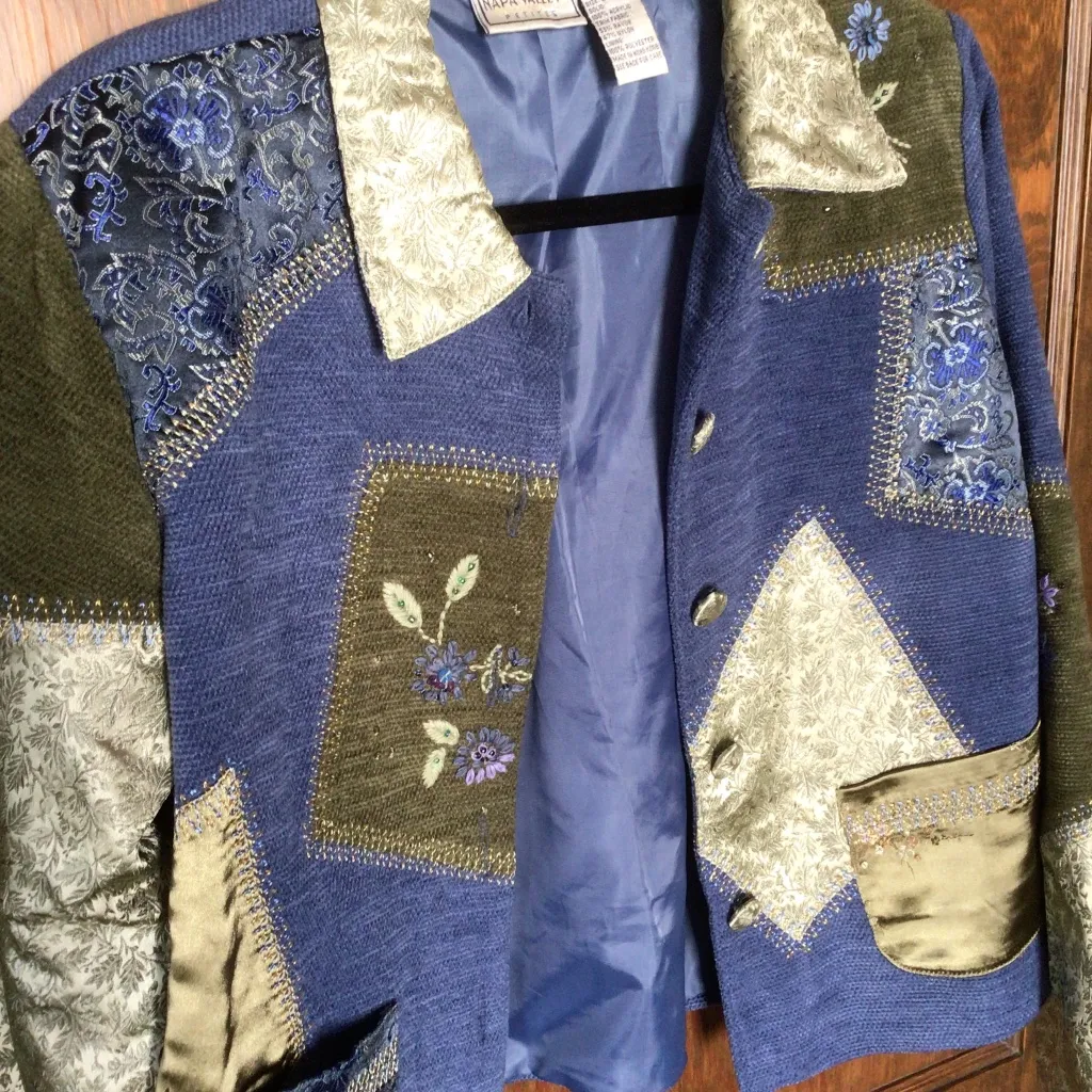 Womens Vintage Napa Valley Petites Blue Patchwork Beaded Multimedia Jacket lg Size undefined - Image 4