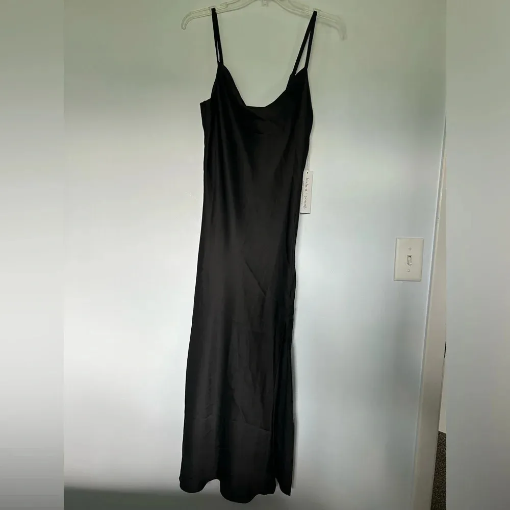NWT bishop & young small glam bias cut black slip dress side slit - Image 2
