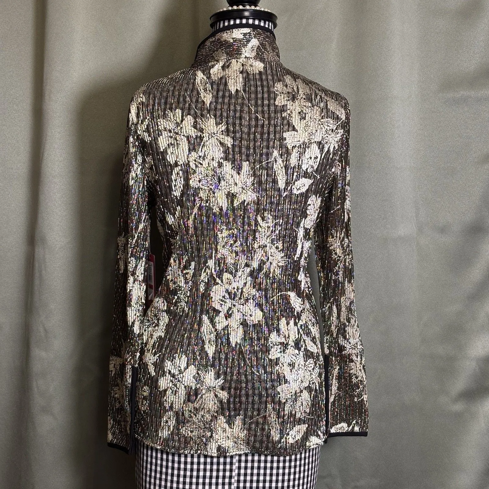 Vince Camuto Confetti Ready Metallic Sheer Black Gold Floral Blouse XS NWT $89 - Image 2