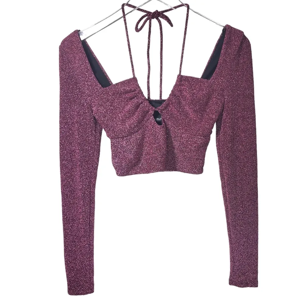 Halter Neck Tie Long Sleeve Cropped Sparkly Top in Purple/Black - Image 2
