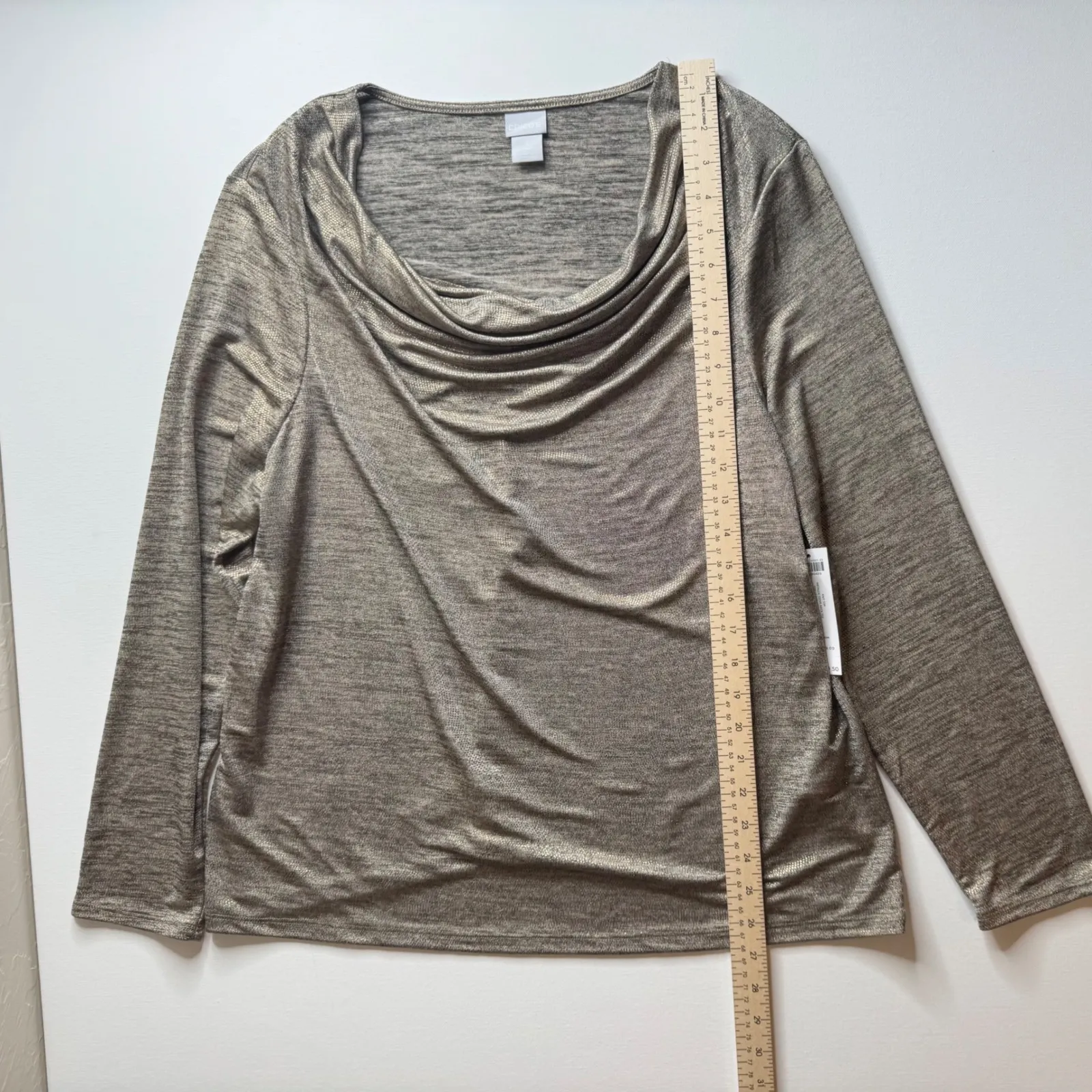 NWT Chicos Metallic Cowl‎ Neck Knit Top Size 3 XL Champagne Long Sleeve Holiday - Image 7