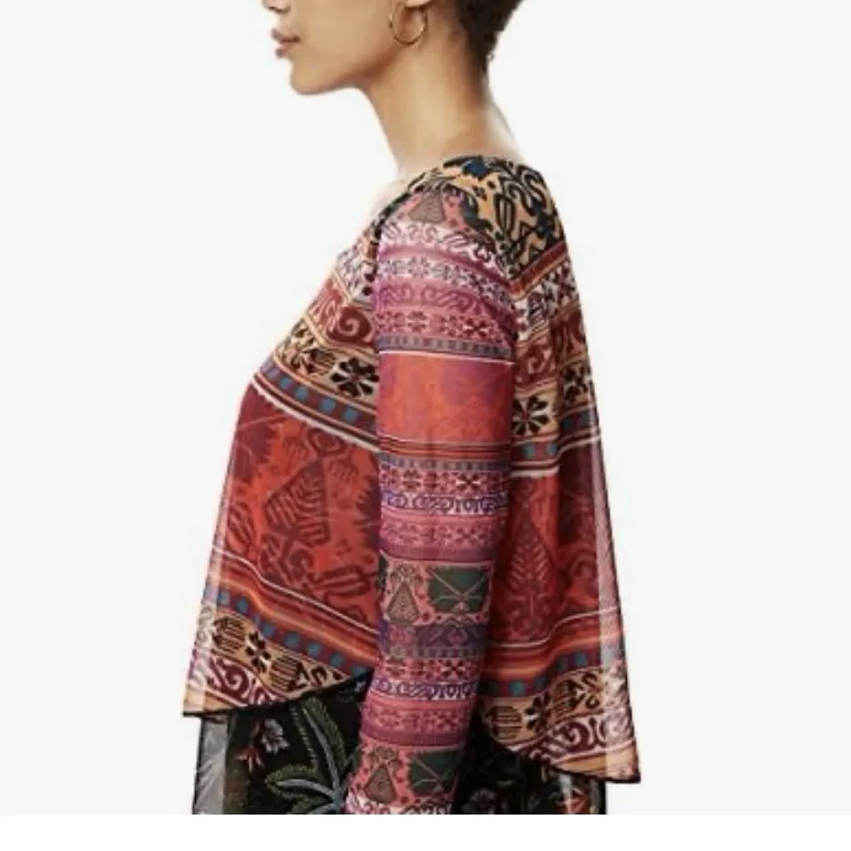 Desigual Layered Colorful Mixed Print‎ Long Sleeve Mesh Mini Carol Dress LARGE - Image 2