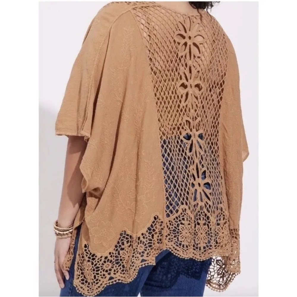 Torrid Crochet Embroidered Ruana with Sleeves Camel Kimono Coverup Size O/S - Image 2