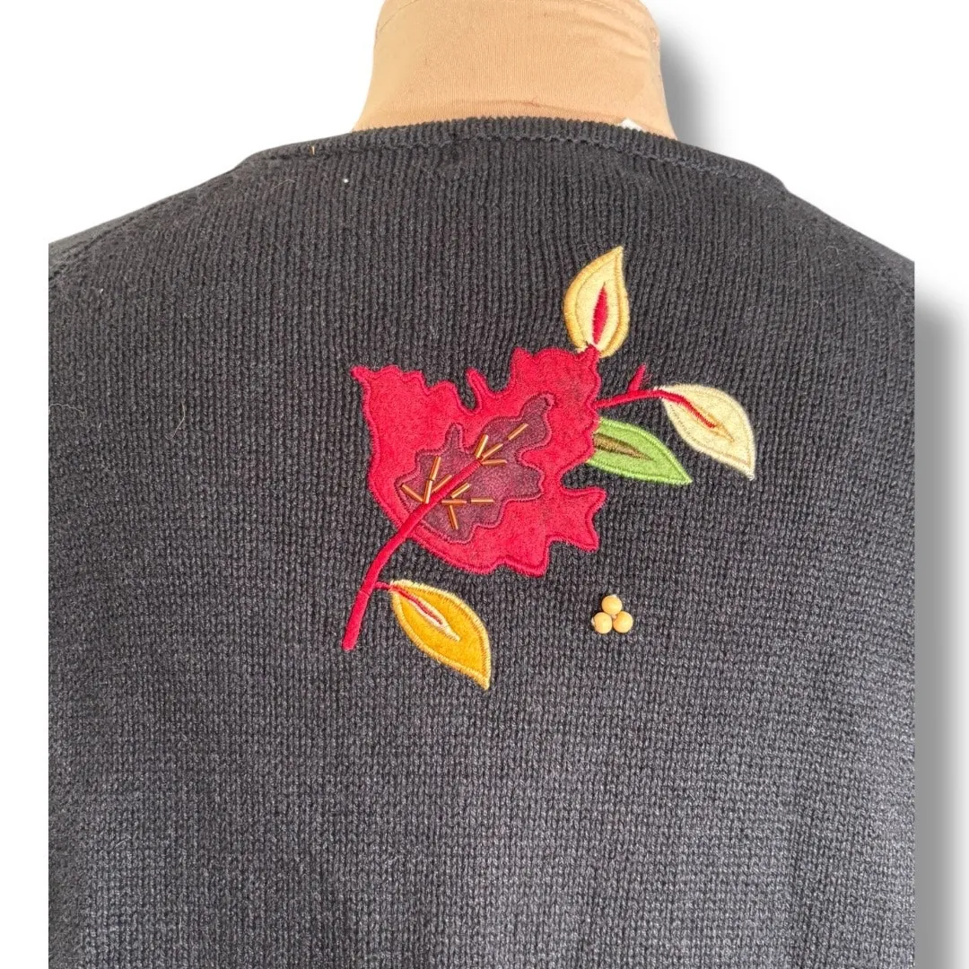Vintage Tiara International Fall Embroidered Knit Cardigan Sweater Jacket Zip Up Black Size L - Image 6