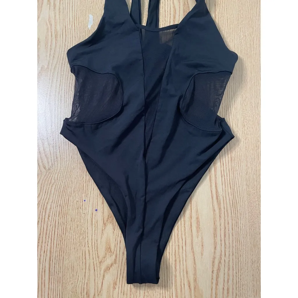 B22 New Womens Mapale 1pc Swimsuit or Bodysuit Sheer Low Cut Vneck & Sides Sm/Md Black - Image 2
