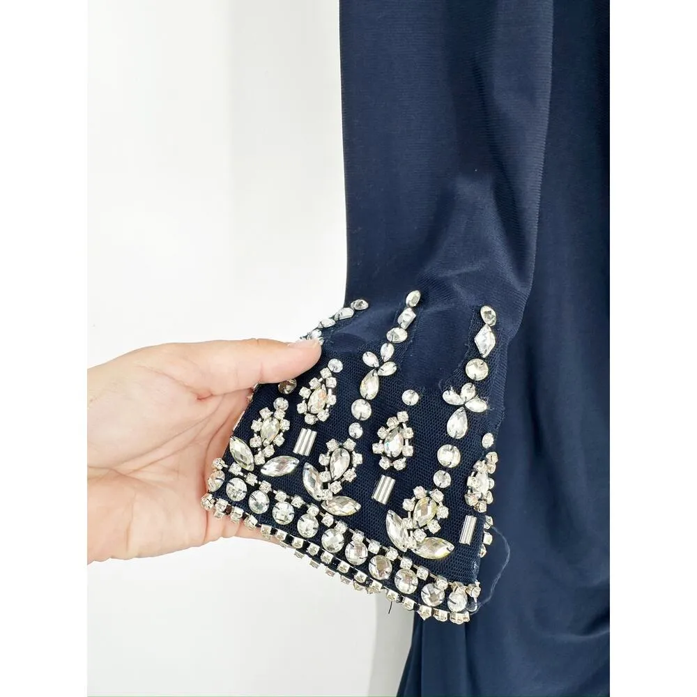 Mac Duggal 12231 Midnight Beaded Cuff Drop Shoulder Faux Wrap Gown 12 NWT - Image 4