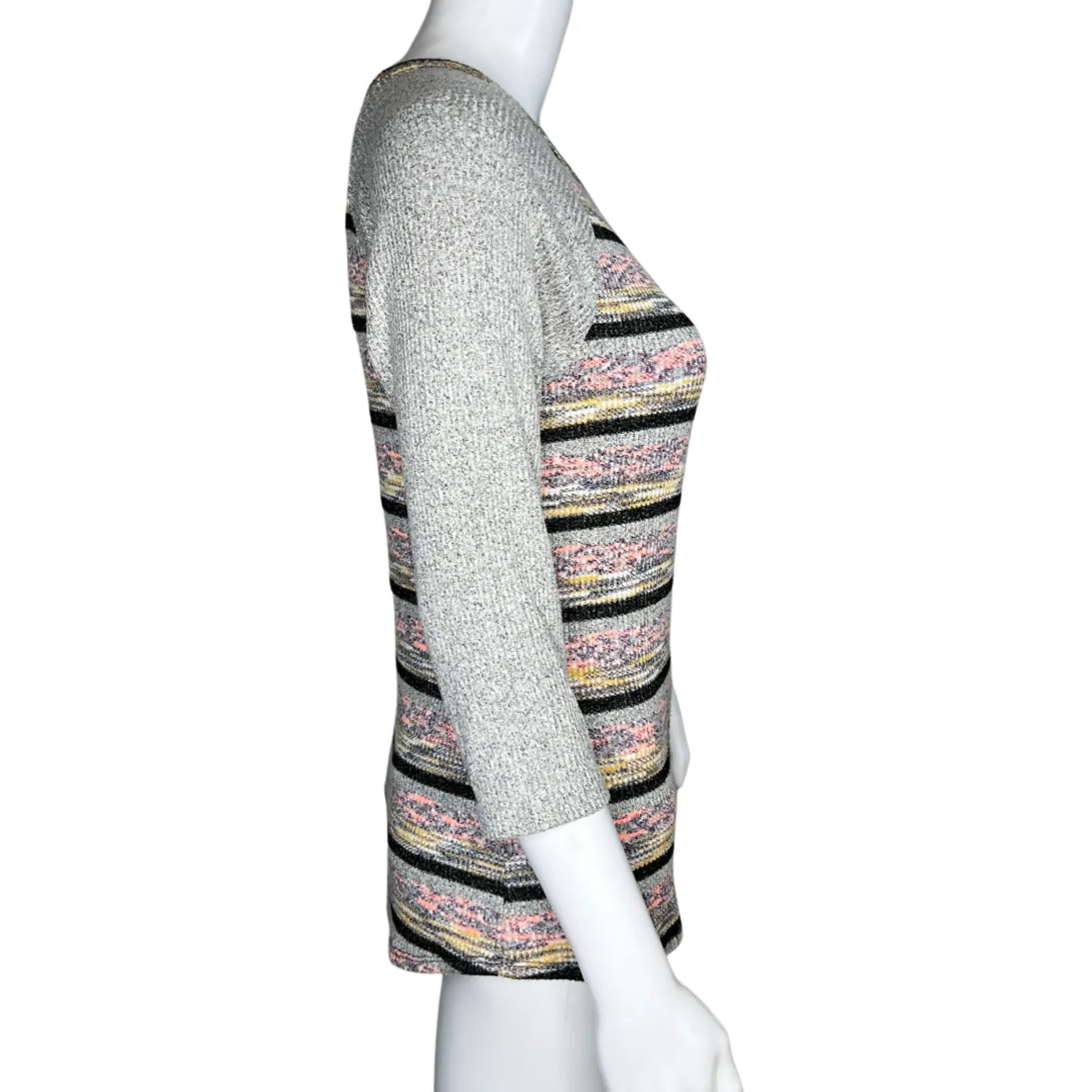 BKE Shirt Womens Small Gray Pink Thermal Top‎ Striped Raglan Sleeve Knit Casual - Image 2