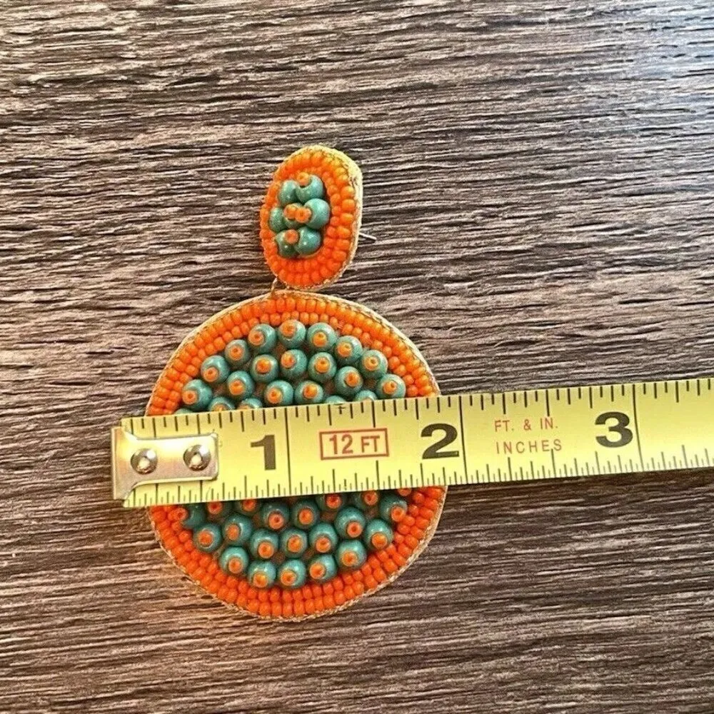 Vintage Modern Green Orange Bead Tassle Earrings Boho Western Dangle Statement - Image 3