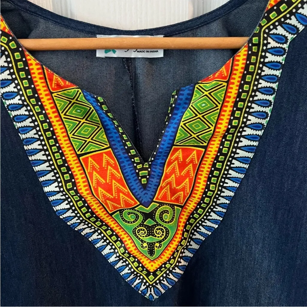Lapogee Womens Ethnic Dashiki Tribal Navy Shift Dress Size M Pockets Denim Blue Size M - Image 3