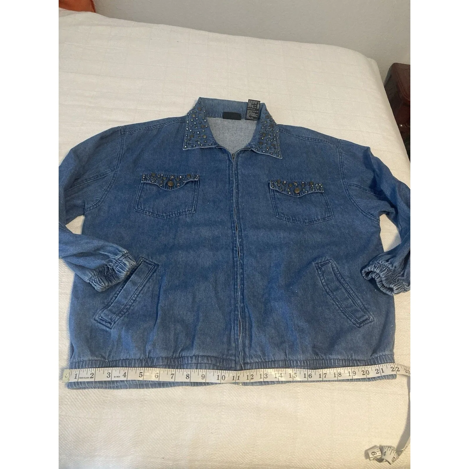Vtg Y2K Denim Studded Jacket Rhinestones Blue Jean 1X Pockets OUT BROOK Size XL - Image 7