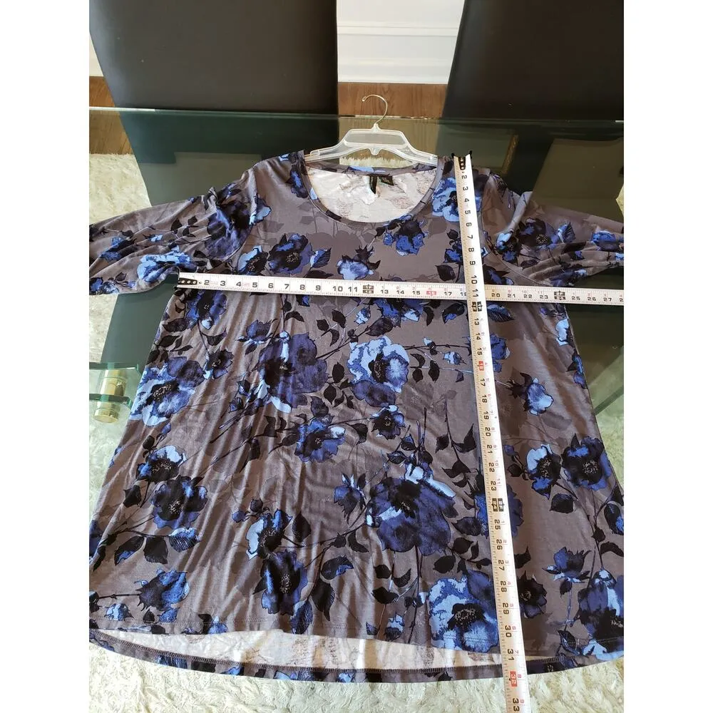 Cynthia Rowley Top Blouse Women 2X Gray Blue Floral Rayon Long Sleeve Round Neck - Image 6