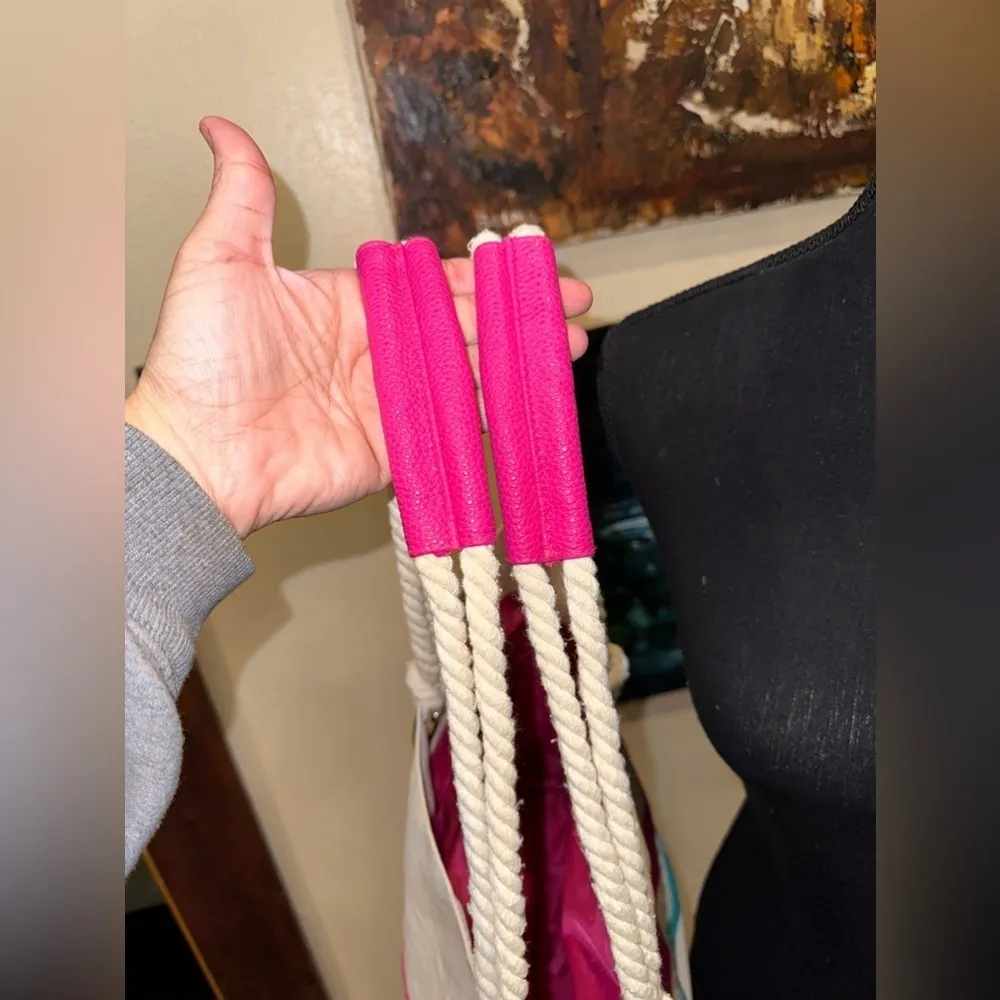 EUC free flip flop Canvas Beach Tote with Rope Handles, Faux Leather Accents Pink - Image 5