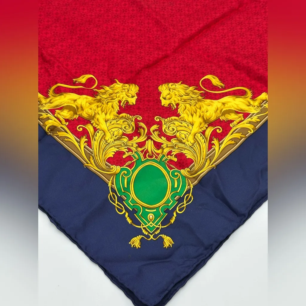 Vintage CELINE Vibrant Red and Blue Scarf with Gold and Green Details 100% Silk - Image 3
