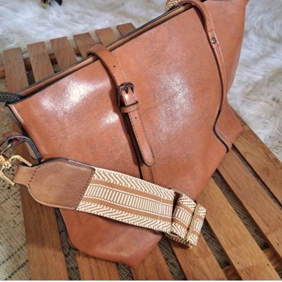 NEW Vegan Leather Tote with Cool Guitar strap Brown - Image 10