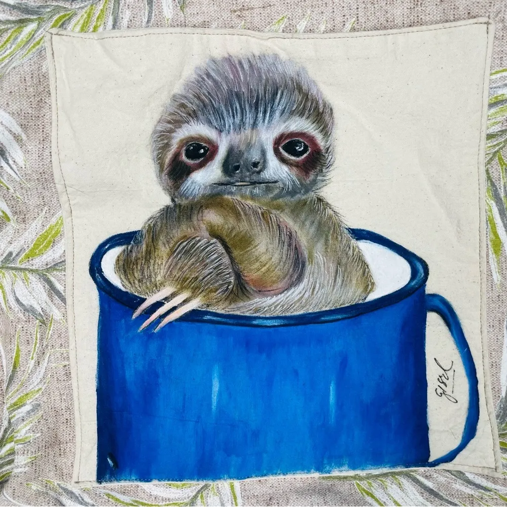 Cotton cloth tote bag purse beach bag w/ baby sloth painting in teacup tropical Blue - Image 2
