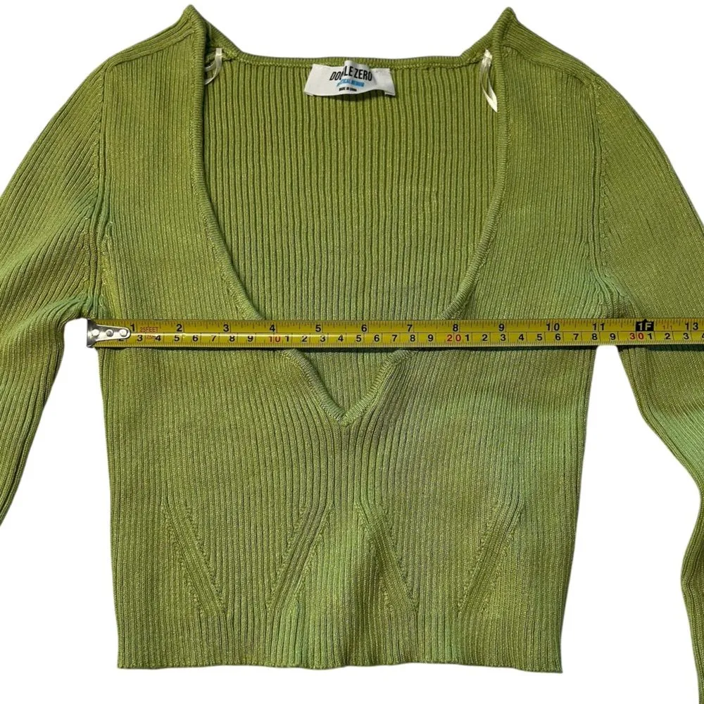 Double Zero Size M Long Sleeve Plunge Neck Crop Green‎ Pointelle Knit Rib Fitted - Image 4