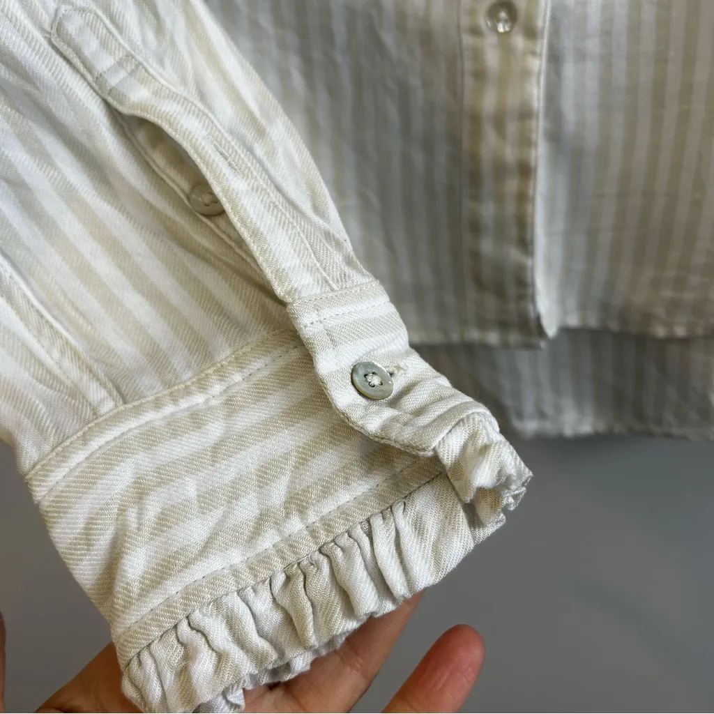 Faherty Nantucket Ruffle Button Down Linen Blend Striped Shirt White/Beige Small - Image 10