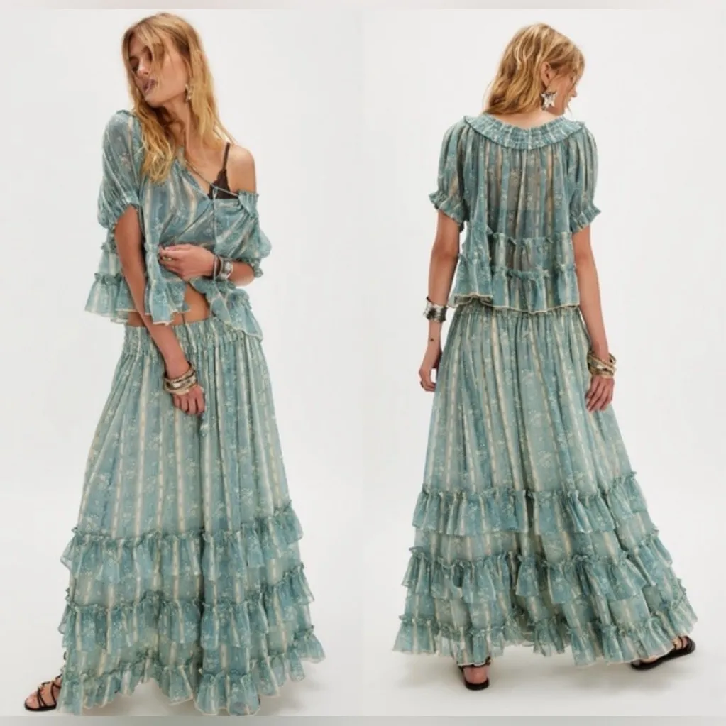 NEW Free People Morning Mist Short Sleeve Top & Maxi Skirt Set sz S - Image 2