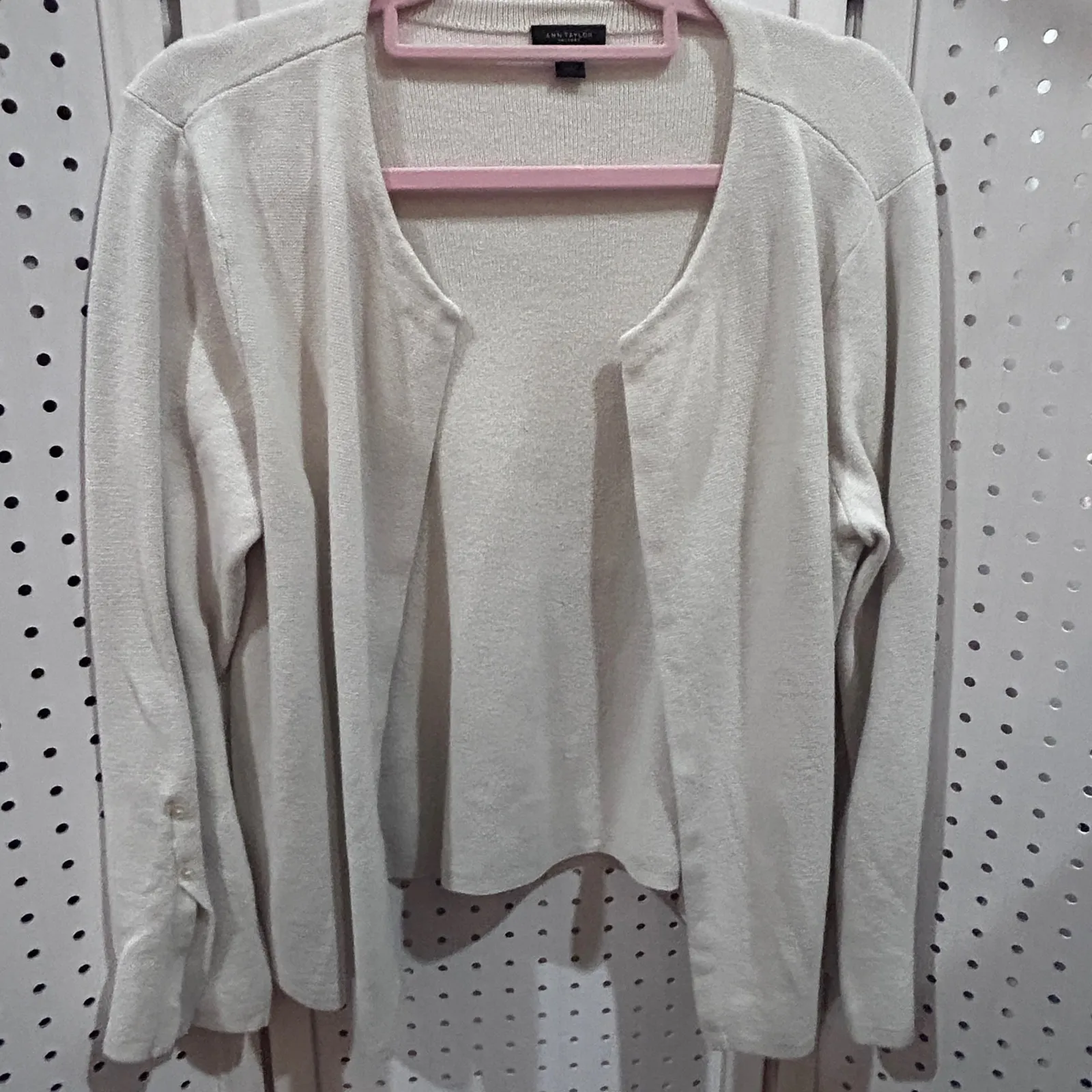 Ann Taylor Factory Womens Cardigan Sweater Pearl Button Sleeve Detail Cream L - Image 2