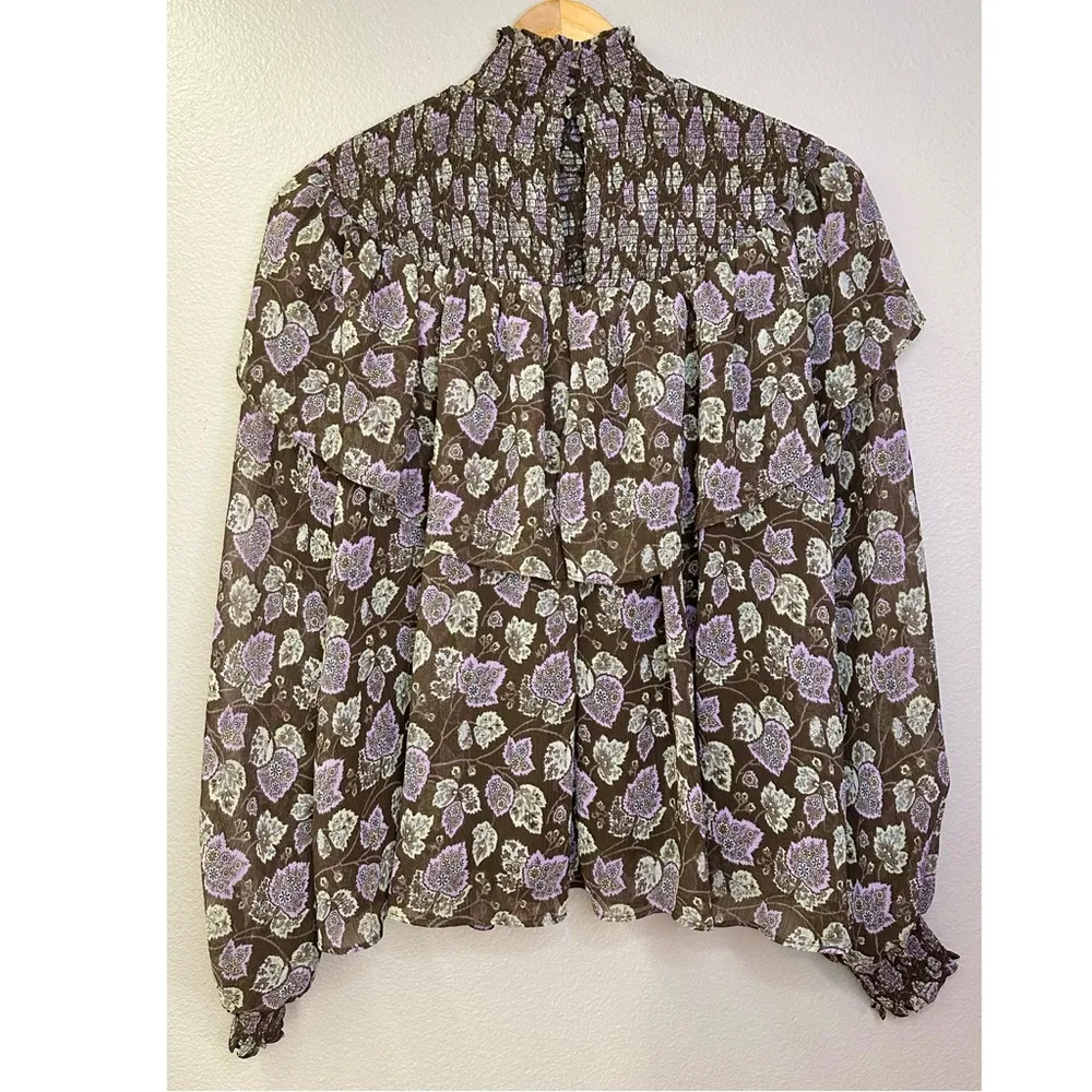 NWT Cinq a Sept Drew Leaf Print Smocked Ruffled Blouse Top Cacao Multi Brown Size M - Image 9