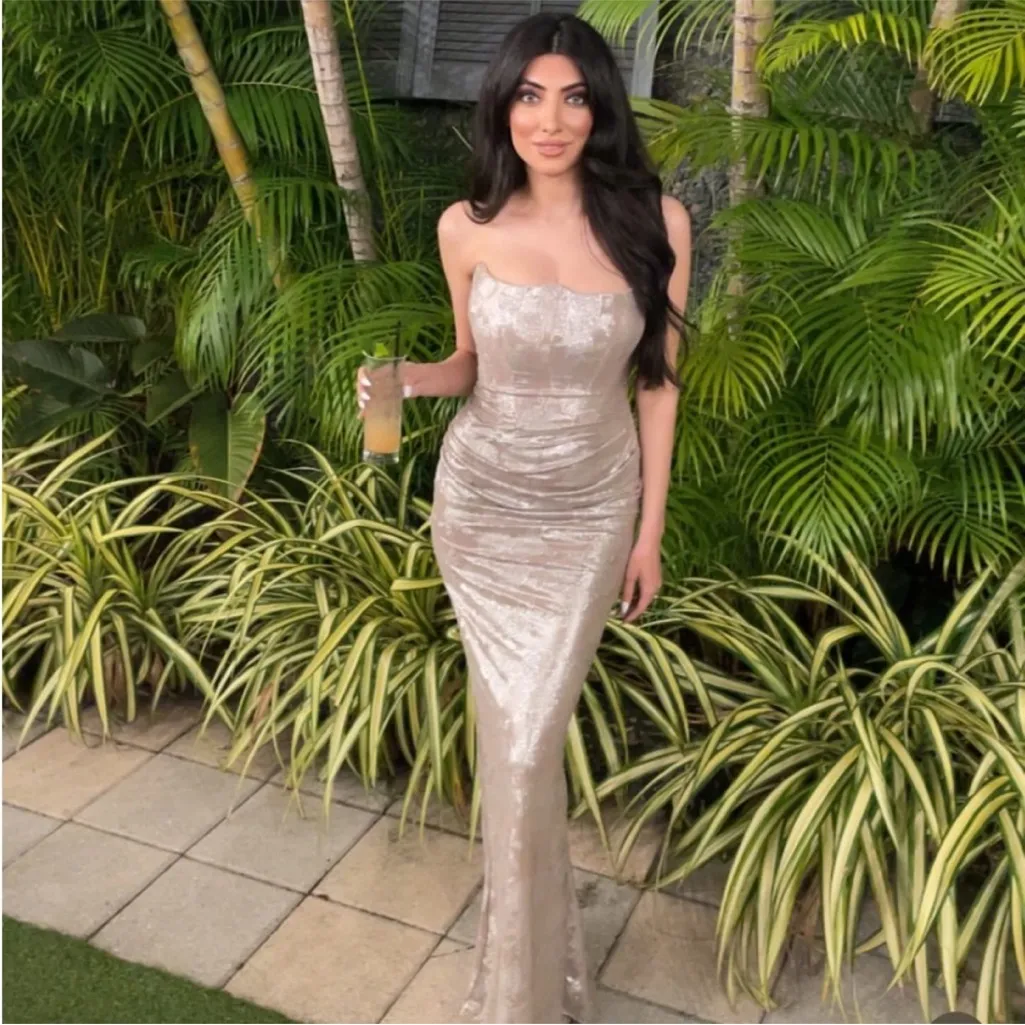 House of CB Persephone Pale Gold Chiffon Mesh Strapless Corset Maci Dress M - Image 3