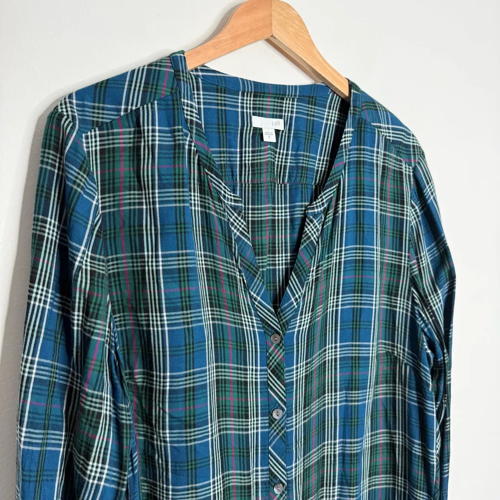 J. Jill Shirt Blue Green Plaid Button Up V Neck Rayon Long Sleeve‎ Size XL - Image 6