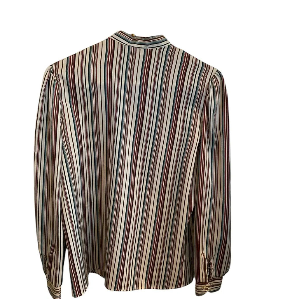 Vintage Striped Mock Neck Ruffle collar Secretary Blouse Fall Cream brown Teal Size L - Image 12