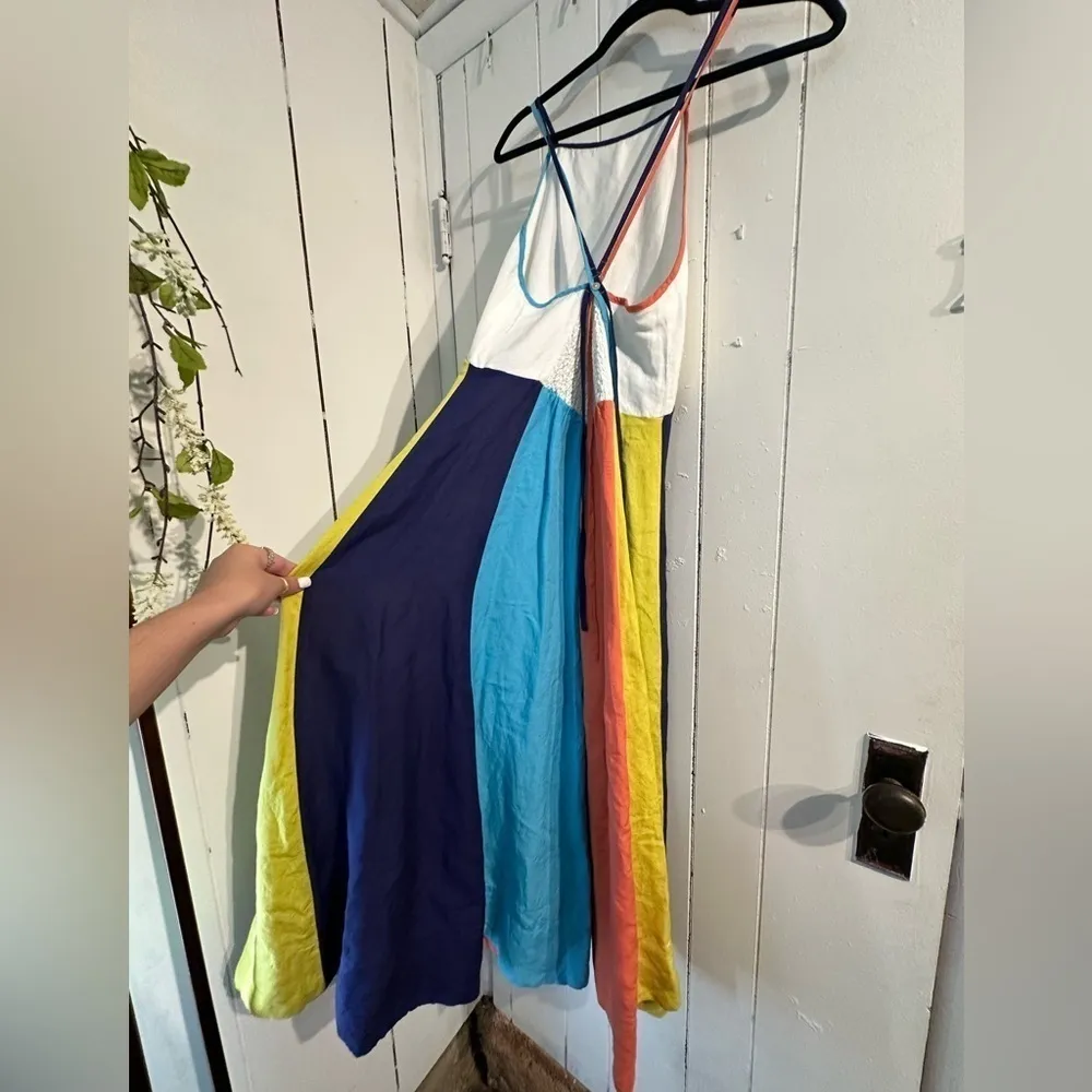 ANTHROPOLOGIE halter midi dress with white blue orange yellow stripes - Image 5