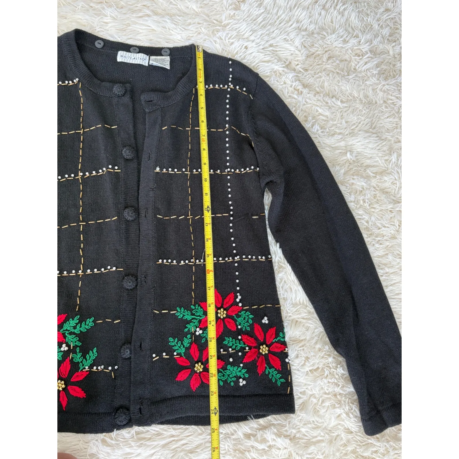 Vintage 1990 White Stag‎ Christmas Cardigan Womens L Poinsettia Embroidered - Image 5
