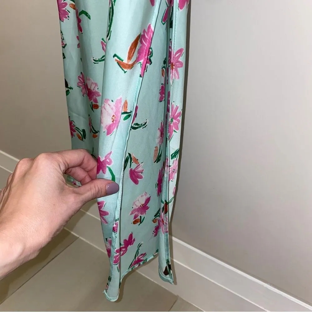 Zara Style 2157 / 046 Mint Green Pink Floral Ruffle Satin Slit Midi Dress Small - Image 14