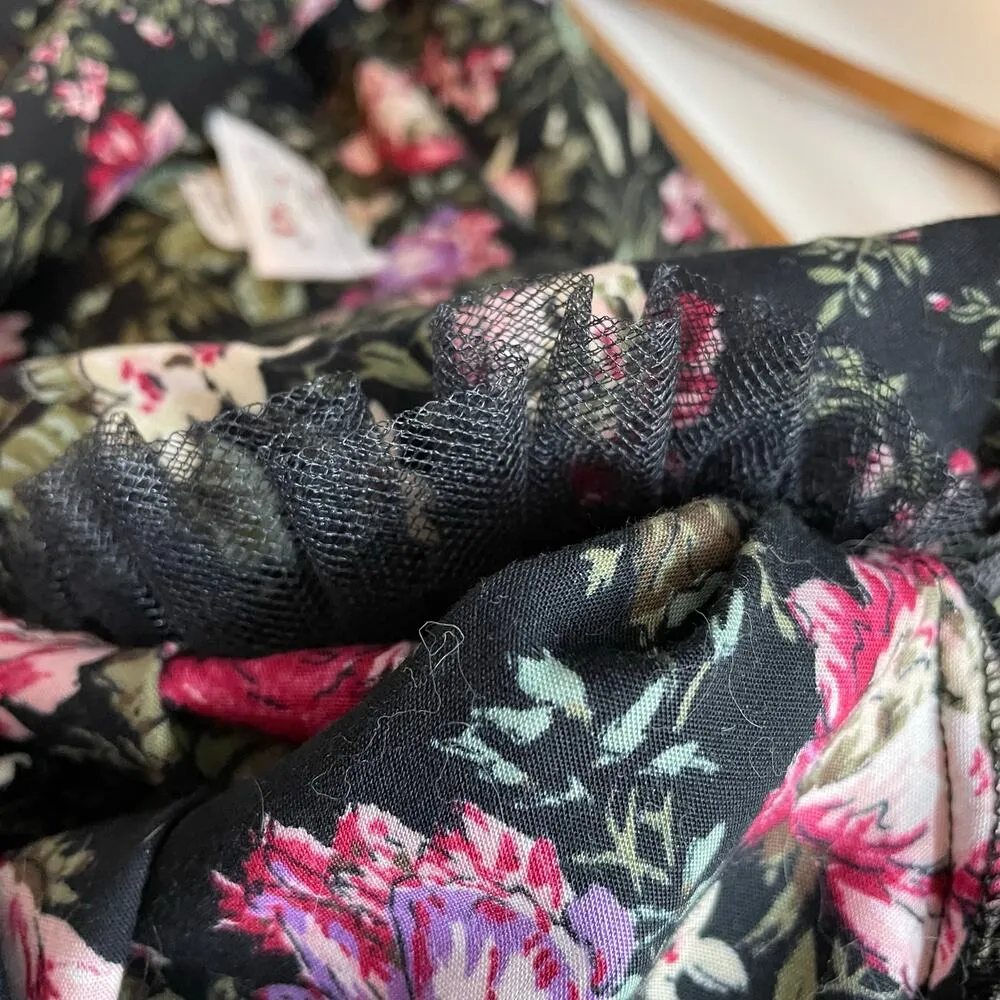 Vintage 90s Floral Flower Blazer Jacket Pouf Shoulders Black Pink Womens L XL - Image 8