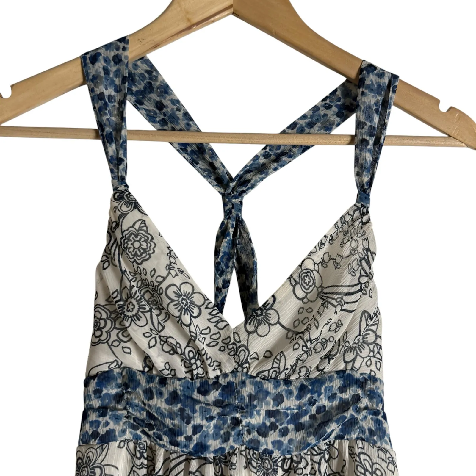 Abercrombie Y2K White Blue Floral Print Twist Back Babydoll Boho Tank Top XS - Image 2