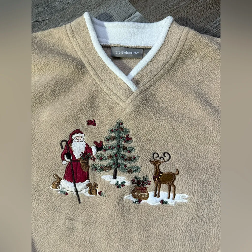 VTG Christmas Sweater Santa Sleigh Reindeer Bunny Fuzzy Sherpa Brown Tan Comfy S - Image 4