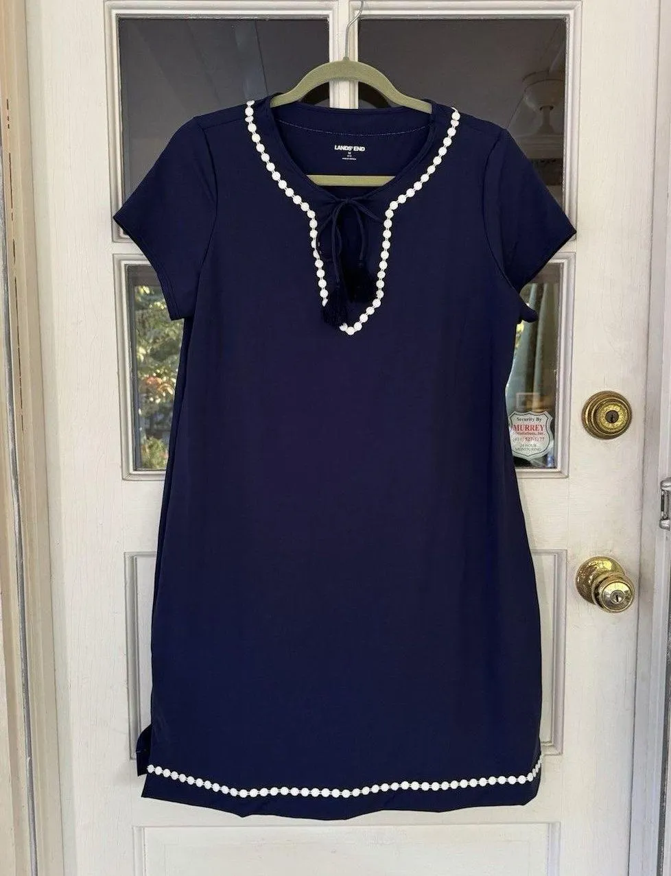 Lands End Dress Women's Medium Shift Blue crochet detail V - Image 5