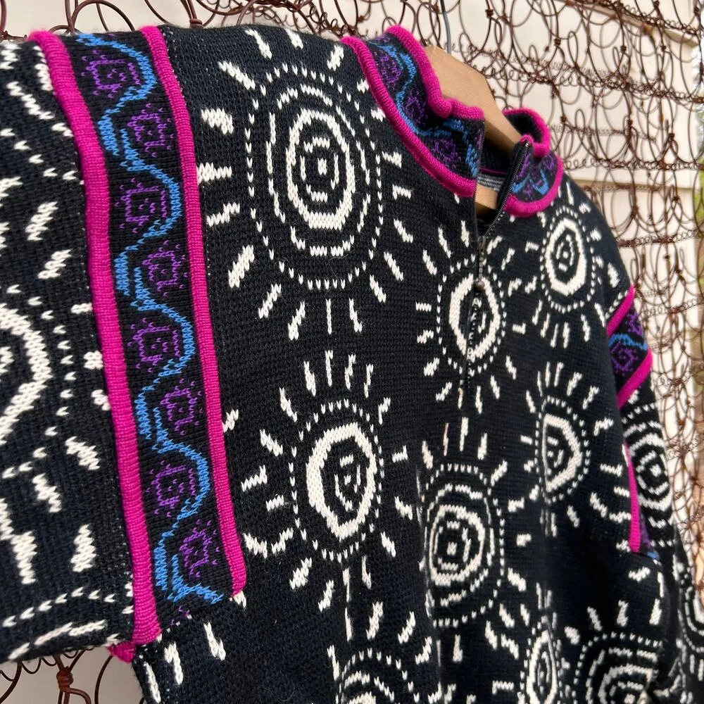 Vintage Demetre wool blend art deco 1/4 zip sweater black sun burst swirl Size M - Image 3