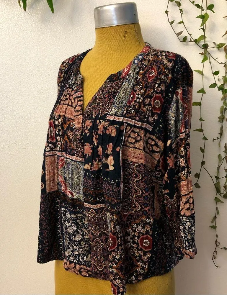 Size M Womens Boho Peasant Floral Patchwork Blouse Multicolor - Image 3