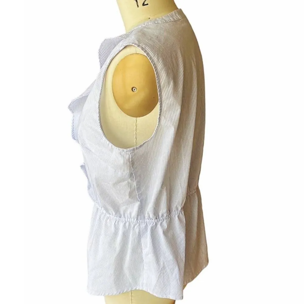LIZ CLAIBORNE Denim Blue Pinstripe Ruffle Front Sleeveless Blouse ~ Womens LARGE - Image 4