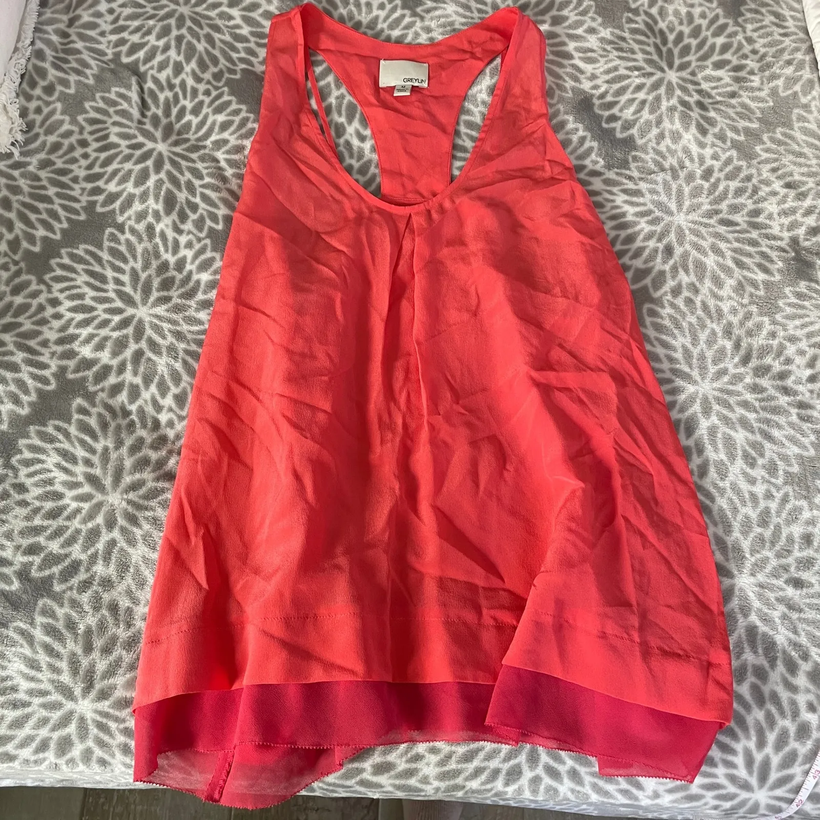 Silk Racerback Blouse Medium Coral‎ Pleated Layered Lightweight Resortwear Chic - Image 4