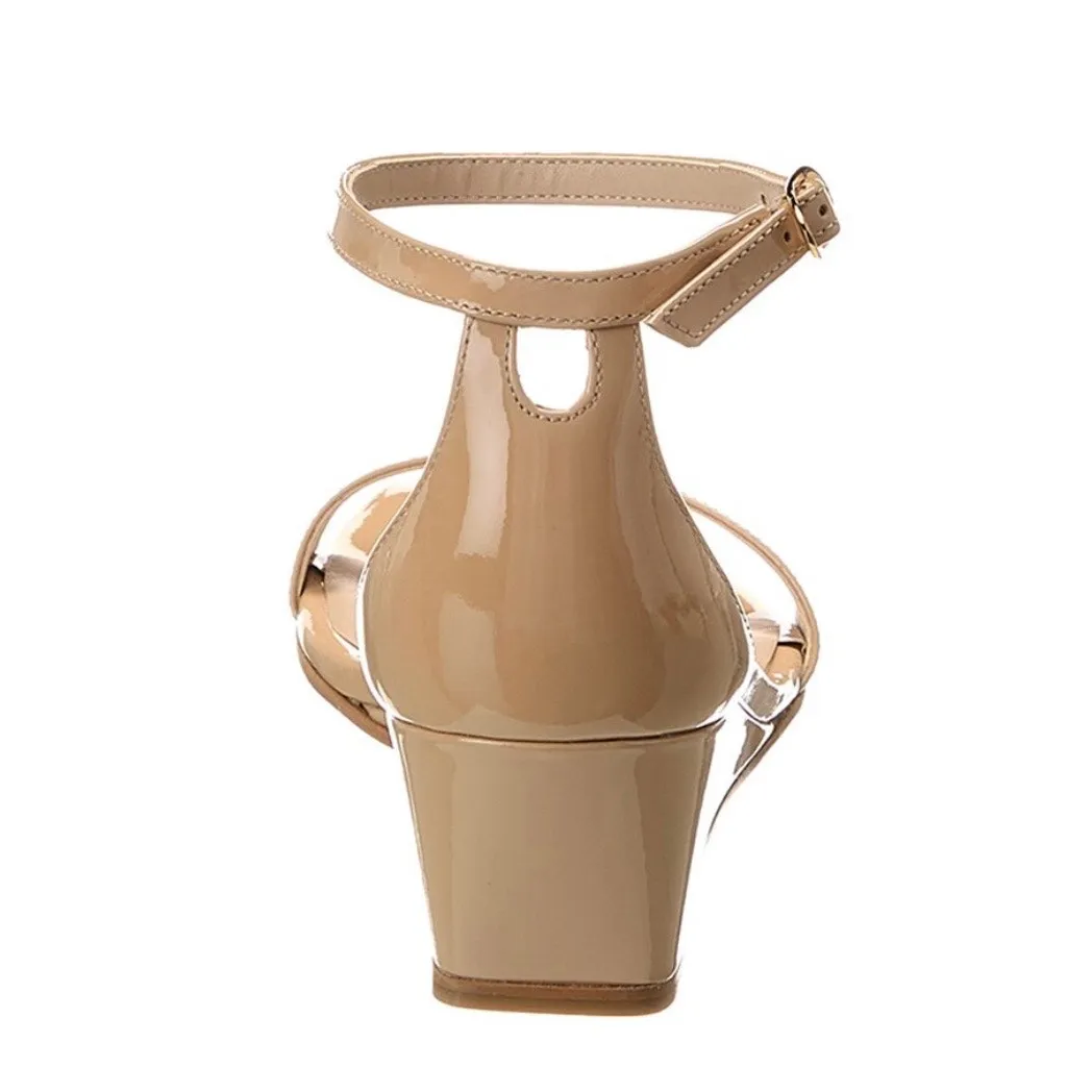 NEW Stuart Weitzman 9 Nudistcurve 50 Patent Wedge Heel Sandal Beige Tan Minimal - Image 7