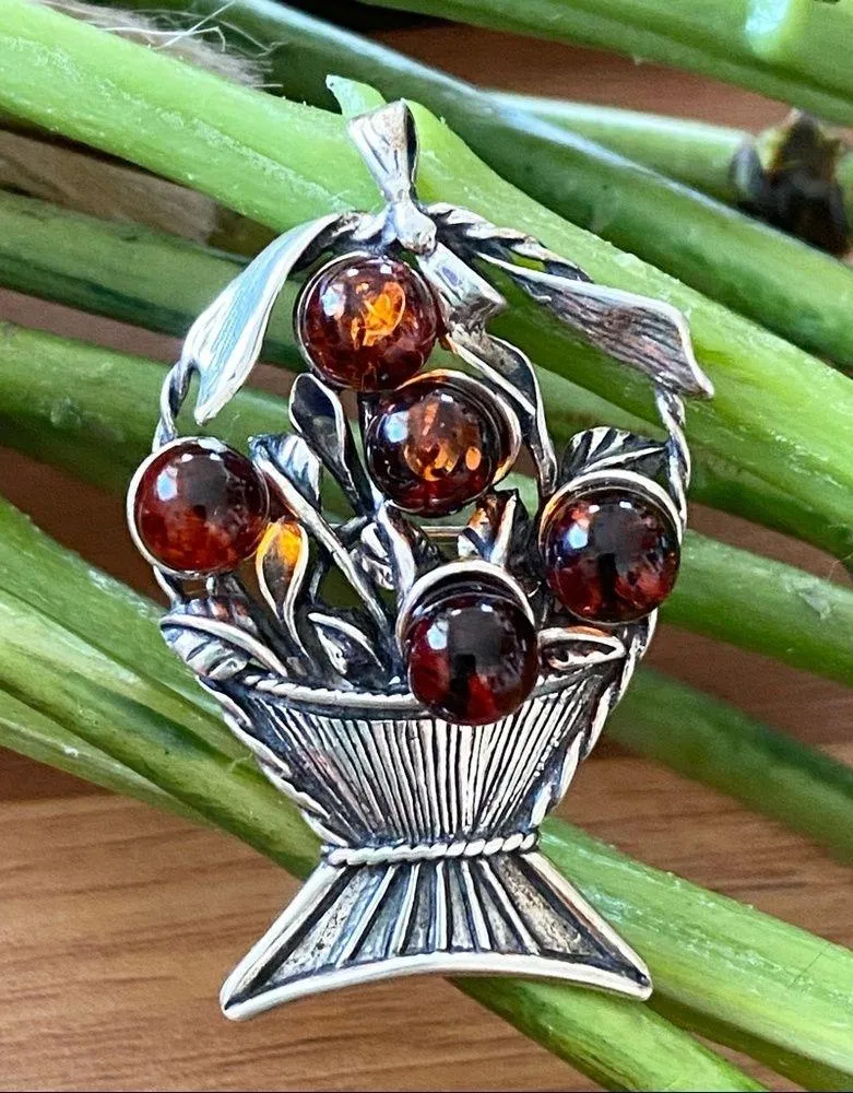 Vintage Sterling Silver Amber Miniature Fruit Basket Pin Brooch Pendant Brown - Image 9
