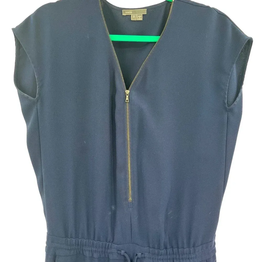 VINCE Navy Blue Zip Front Short Sleeve‎ Jumpsuit Size 2 - Image 4