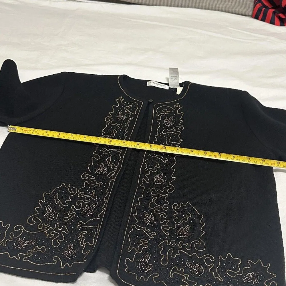 Vintage  Black 100% Merino Wool Cardigan Sweater Sz M Medium Beaded - Image 8