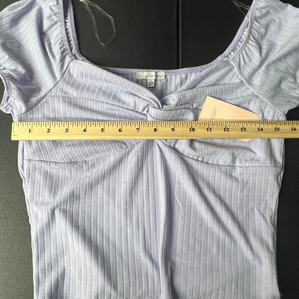 Blashe Womens Top Large Cropped Twist Front Puff Sleeves Coquette Romantic Boho Purple - Image 6