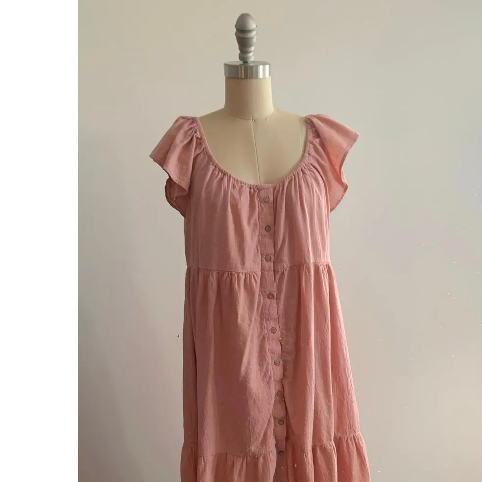 Piper Scoot Sz M 100% Cotton Tiered Midi Peasant Prairie Dress Cottagecore Pink - Image 3