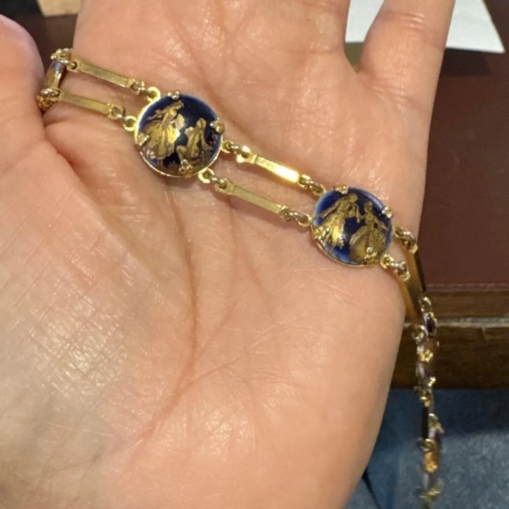 Vintage 30s Porcelain Courting Couples Transferware Cabochon Gilt Brass Bracelet Gold - Image 8