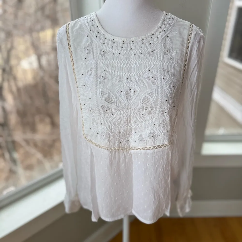 NAF NAF White Beaded Embroidered Boho Flowy Long Sleeve Blouse Size Small - Image 8