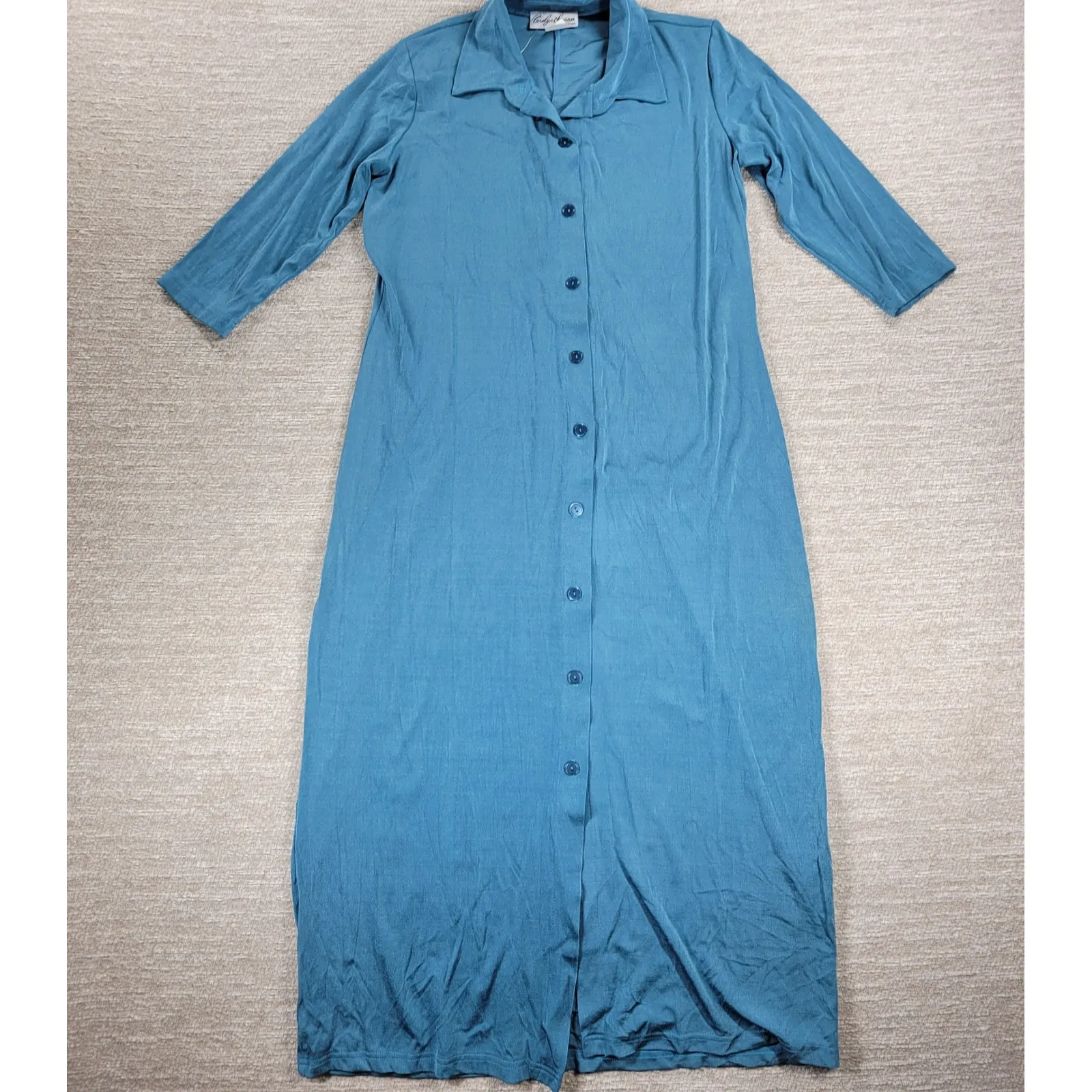 Carolyn Strauss Slinky Shirt Dress Size L Teal 3/4 Sleeve Button Up Maxi NEW Blue Size L - Image 16